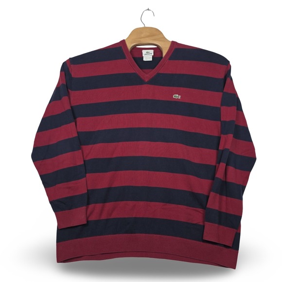 Lacoste V-Neck Sweater Men's Size 9 Navy Red Striped Cotton Pullover Big Tall - Picture 1 of 10